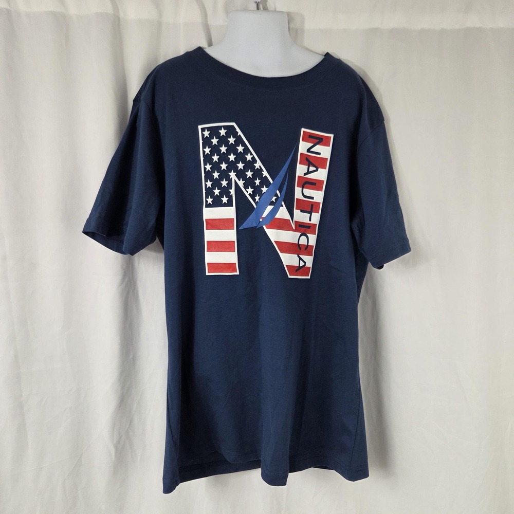 Nautica Shirt Kids 10-12 Blue USA Flag Logo Graphic Short Sleeve Tee Top Tagless